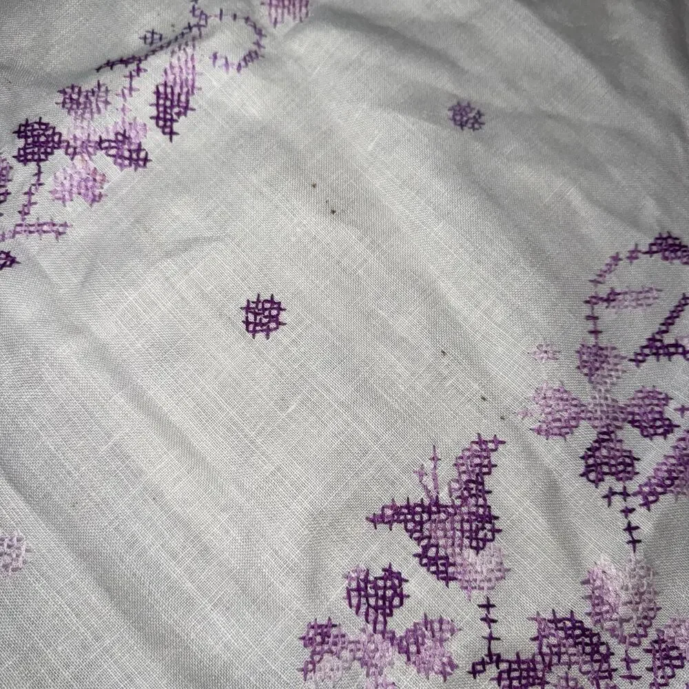 Vintage Linen Tablecloth Cross Stitch Floral Embroidery Purple 65x49